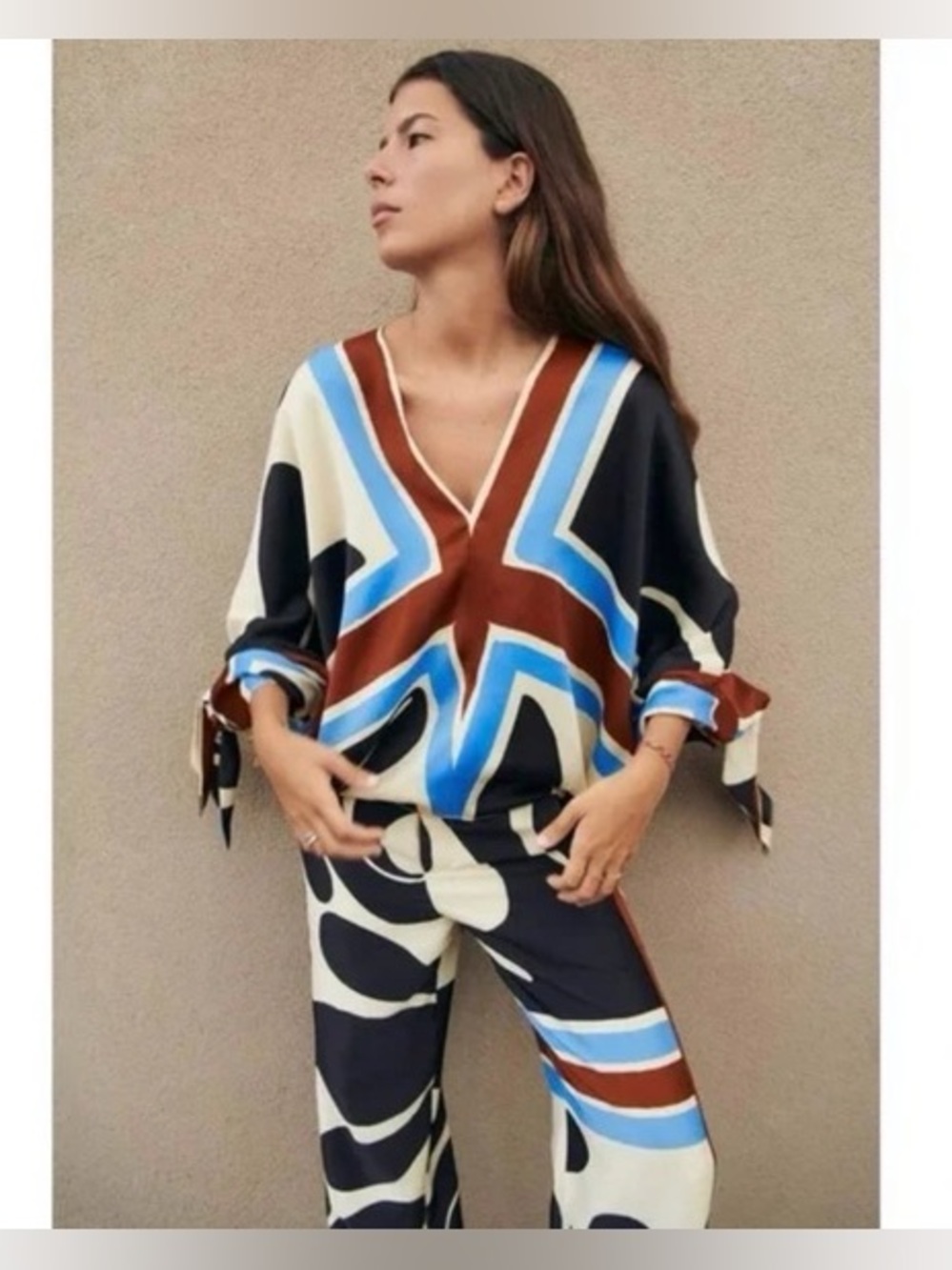 ZARA NEW WOMAN PRINTED BLOUSE WITH TIES ECRU m 7807/026